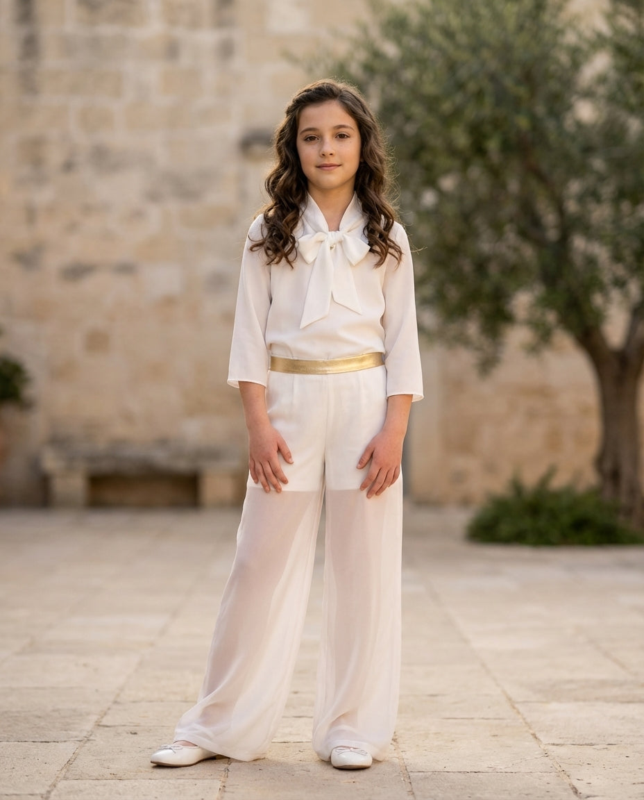 Abito Prima Comunione completo con pantalone palazzo e blusa fiocco