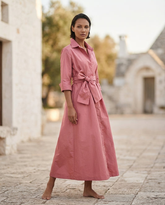 15. Abito Camicia in Taffetà con tasche e cintura annodata rosa