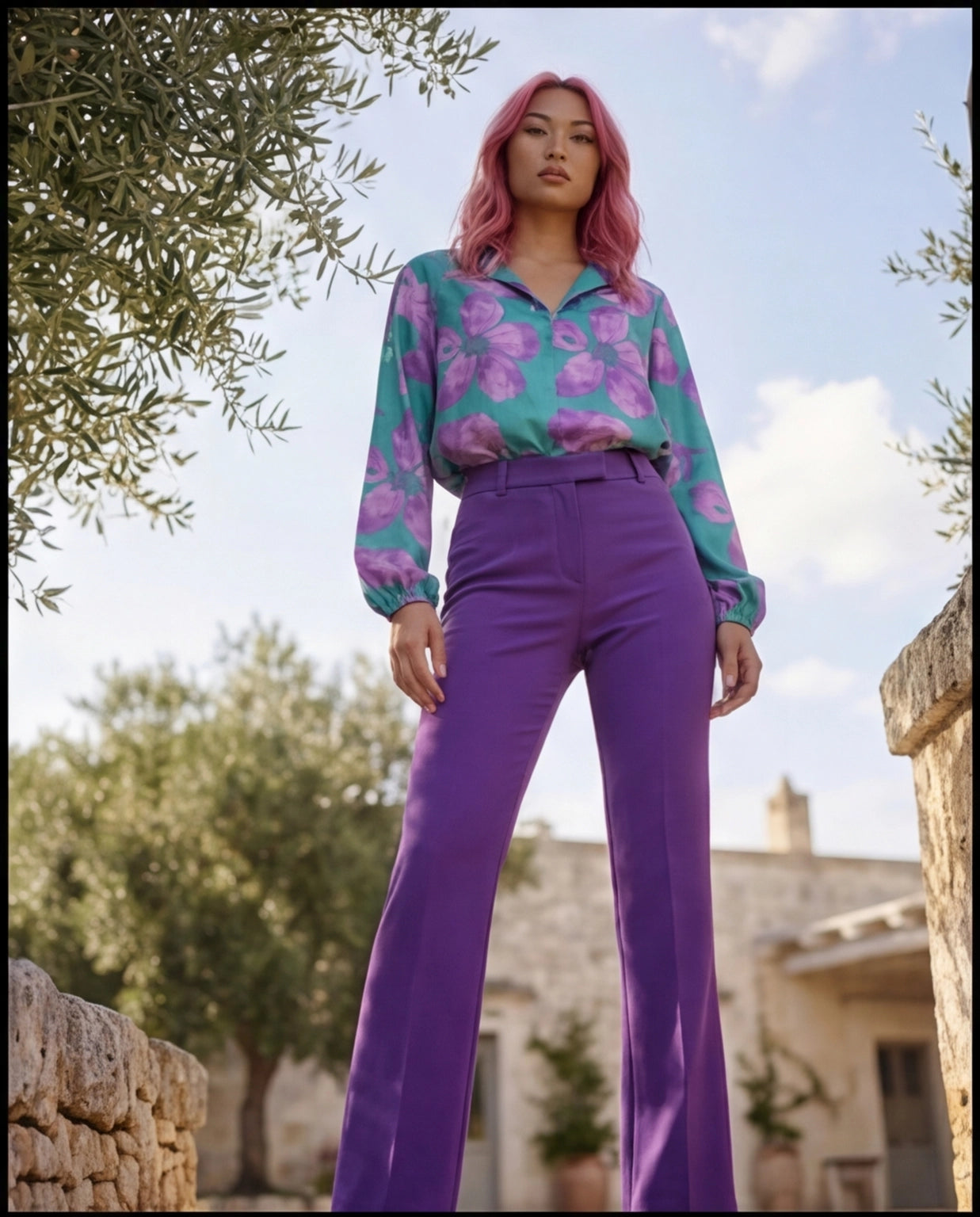 Set completo coordinato floreale verde rosa lilla