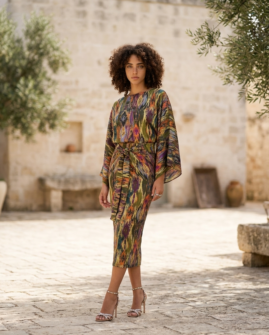 29. Set completo due pezzi blusa con wrap skirt fantasia multicolore
