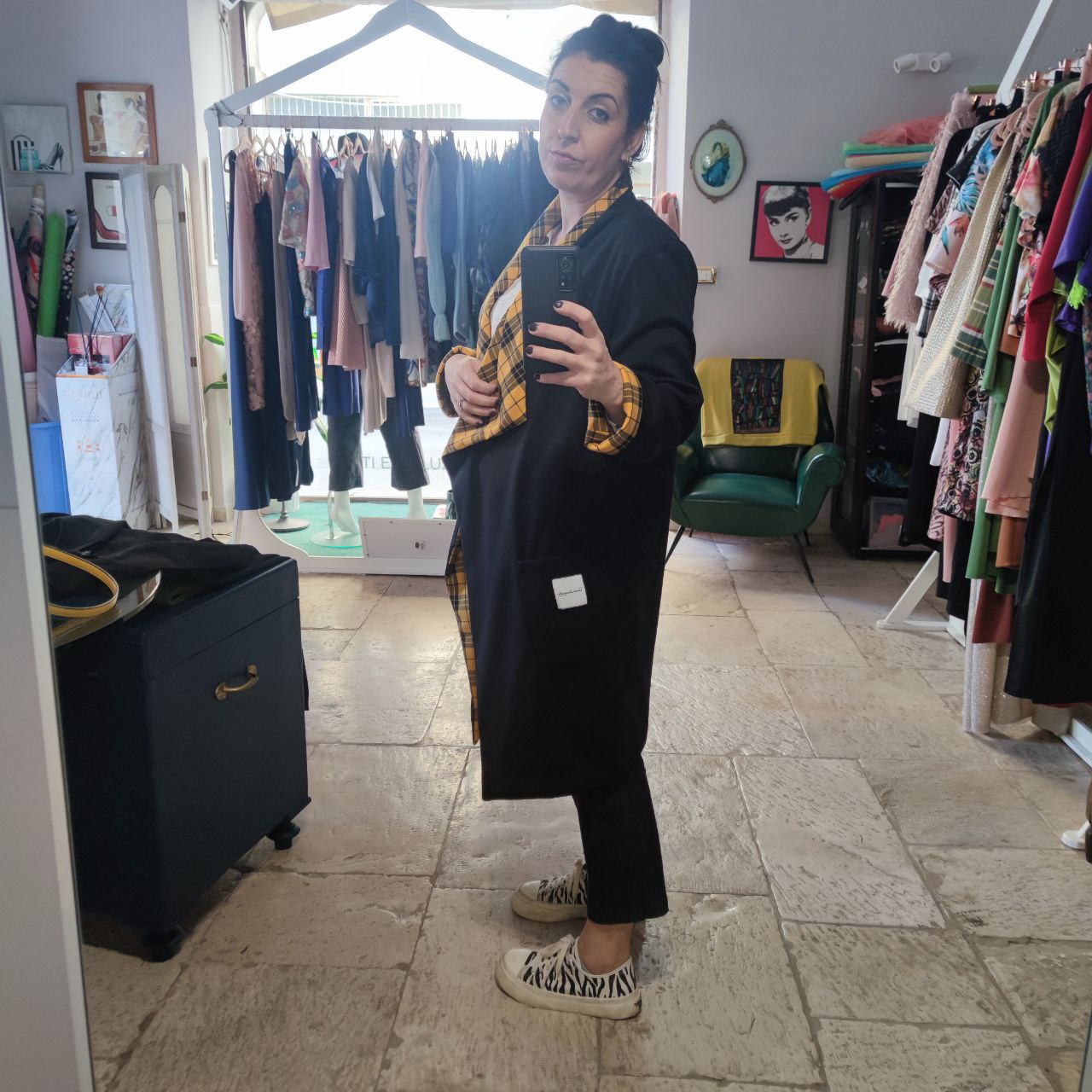 Cappotto comodo fluido reversibile in lana giallo - nero