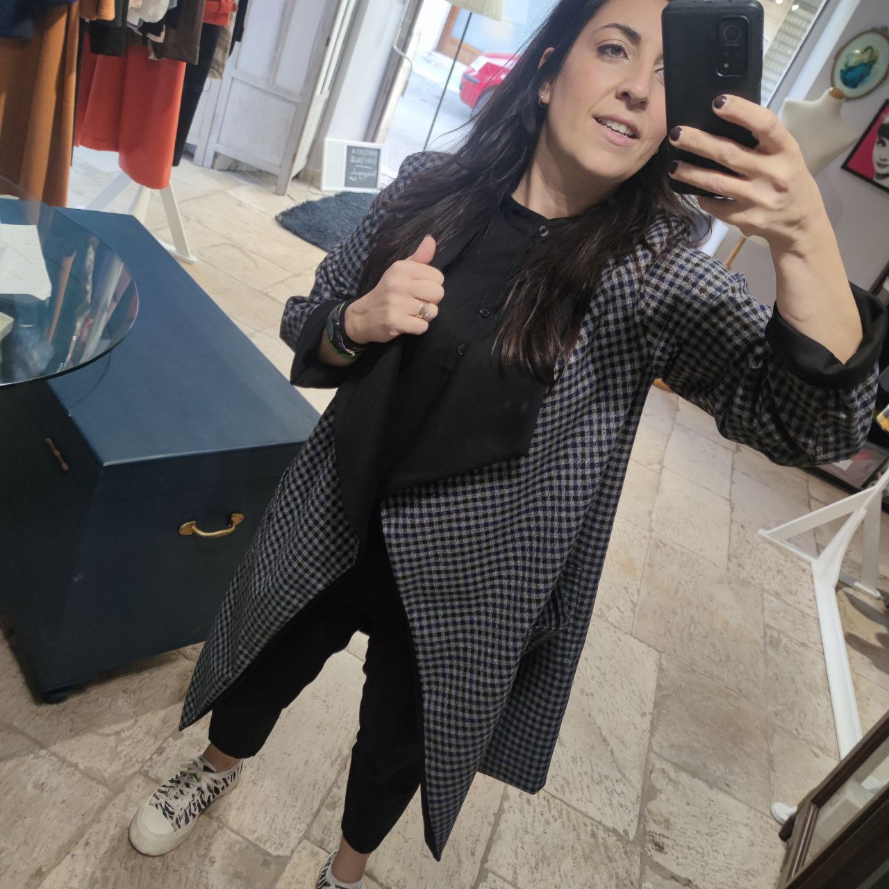 CAPPOTTO FLUIDO TARTAN GRI-BLU REVERSIBILE