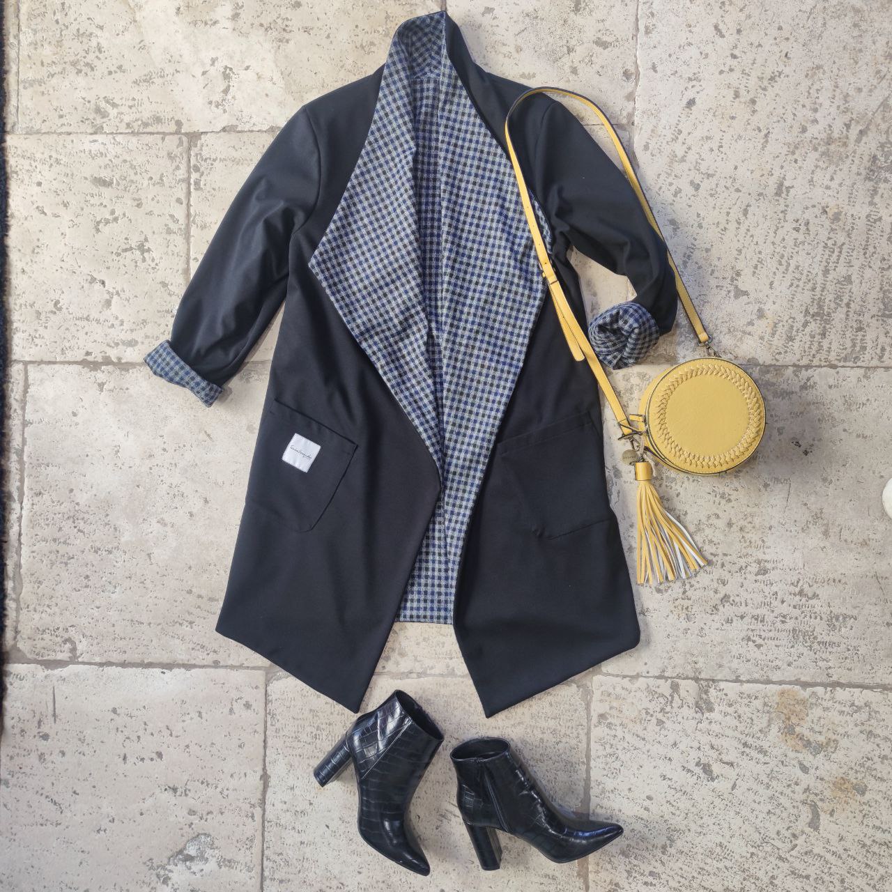 CAPPOTTO FLUIDO TARTAN GRI-BLU REVERSIBILE