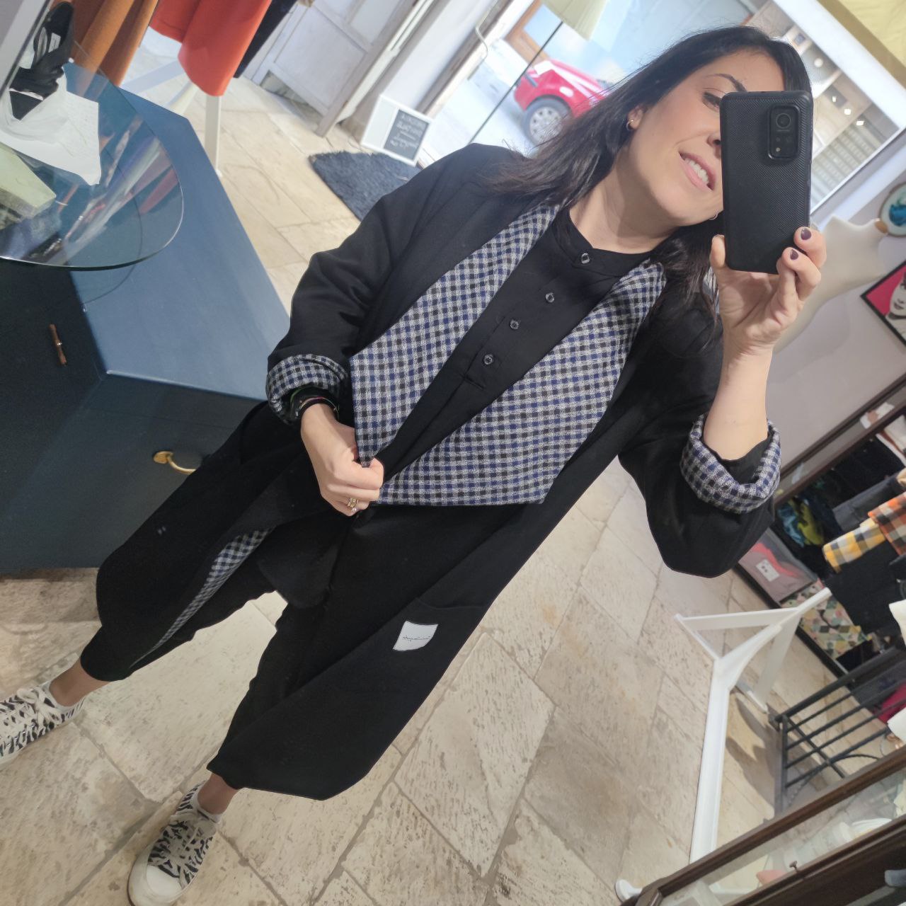 CAPPOTTO FLUIDO TARTAN GRI-BLU REVERSIBILE
