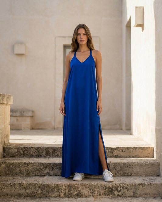 Abito in satin con spacchi e scollatura vogatore sul retro - Preordina