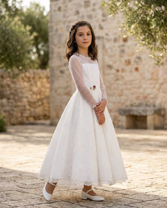 Abito Prima Comunione in pizzo micro pois e organza