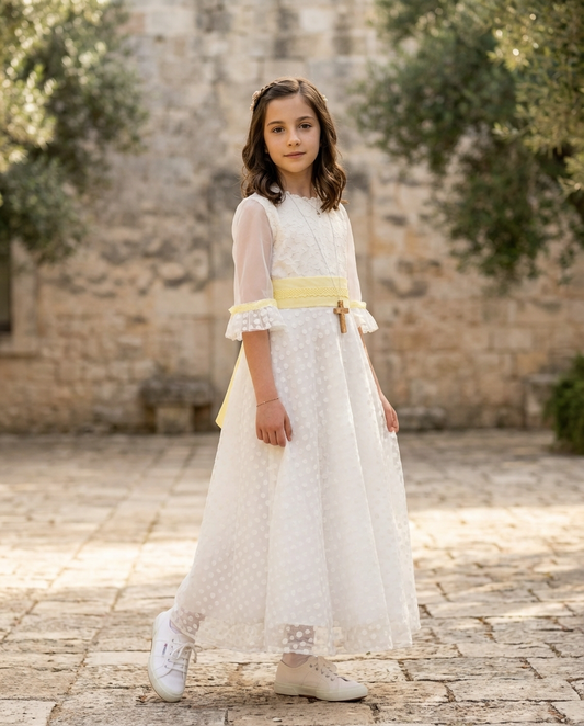 Abito Prima Comunione boho chic a pois con contrasto giallo