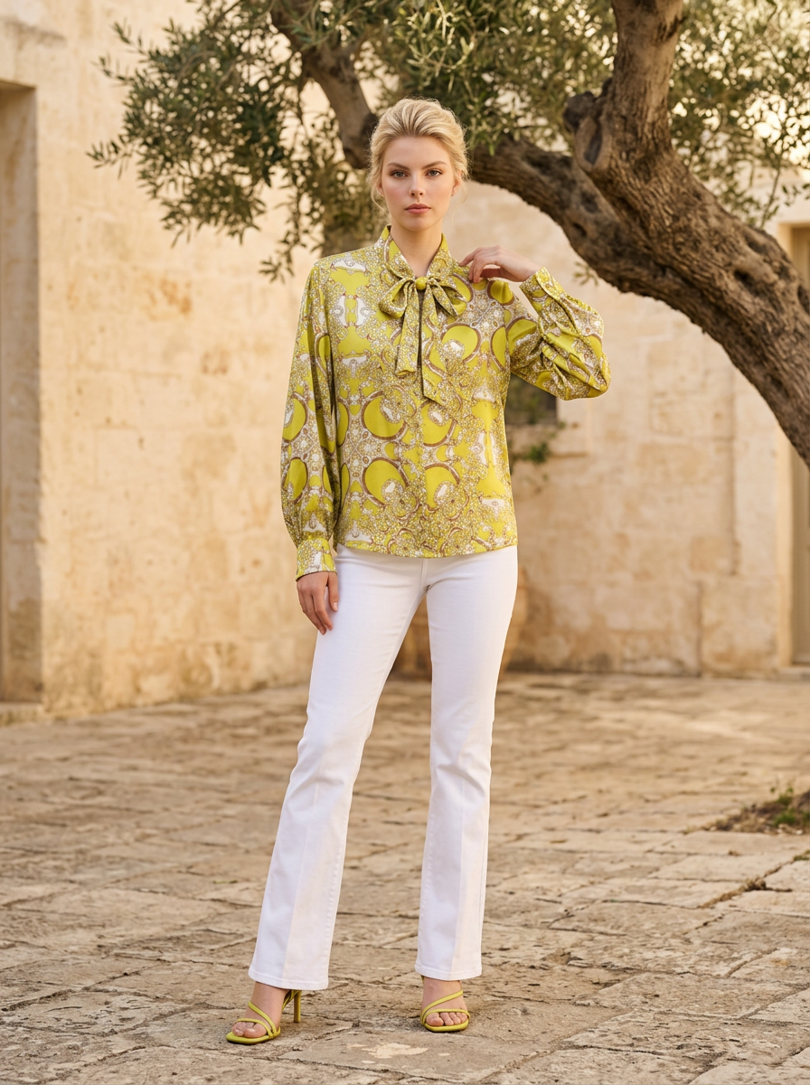 Camicia blusa in satin broccato con cravattino