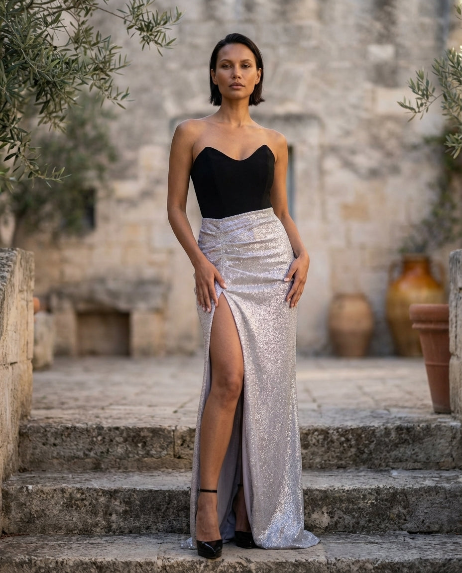 55. Abito Red Carpet Tubino Lungo glitter con scollo a cuore e spacco davanti