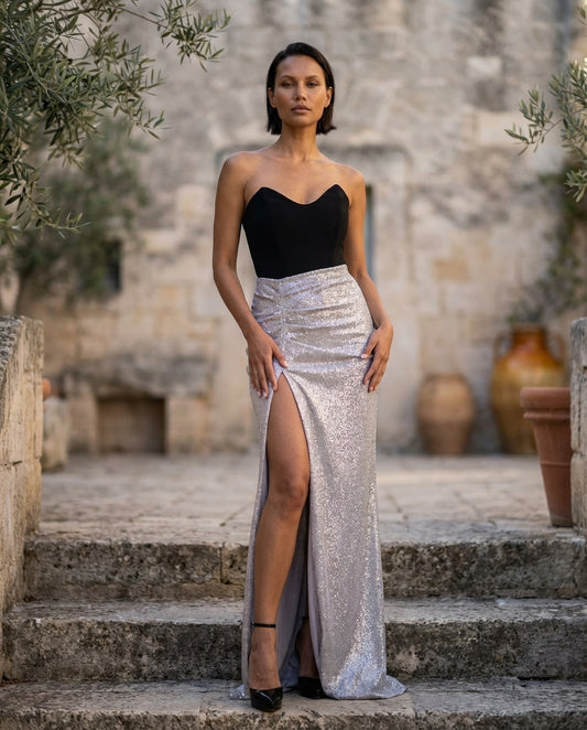 55. Abito Red Carpet Tubino Lungo glitter con scollo a cuore e spacco davanti