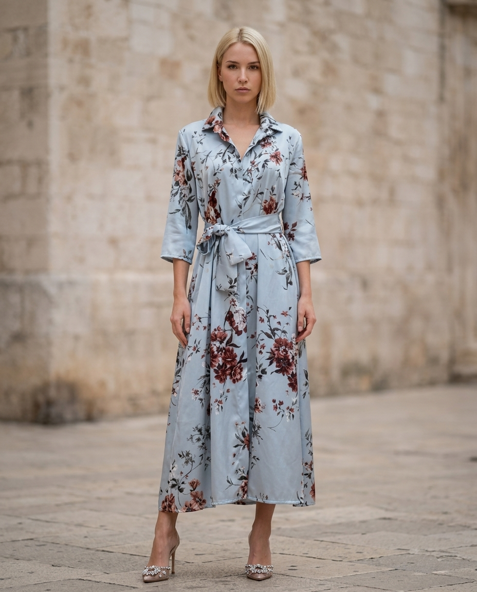 65. Abito Camicia in satin fantasia celeste con tasche e cintura annodata
