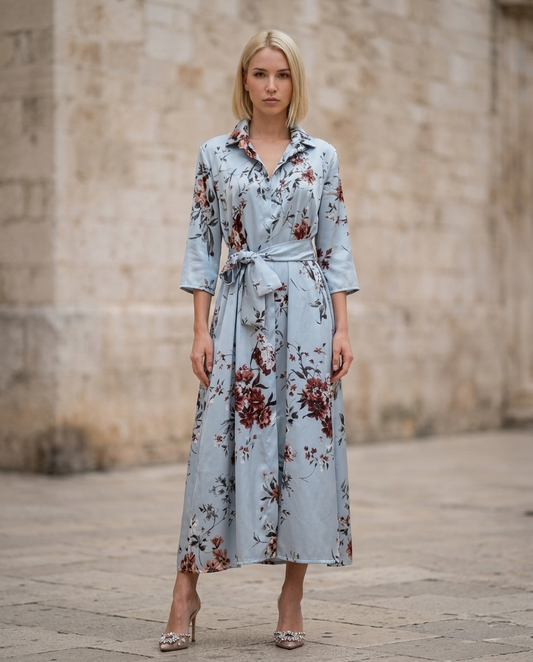 65. Abito Camicia in satin fantasia celeste con tasche e cintura annodata