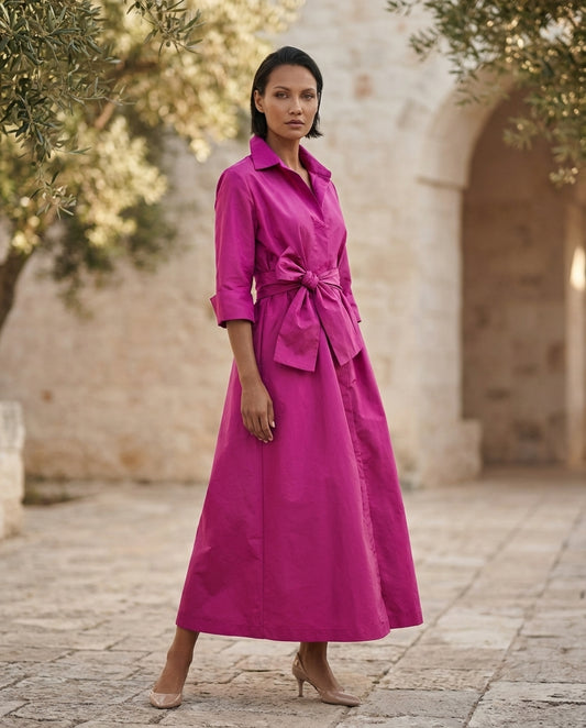 Abito Camicia in Taffetà con tasche e cintura annodata fucsia
