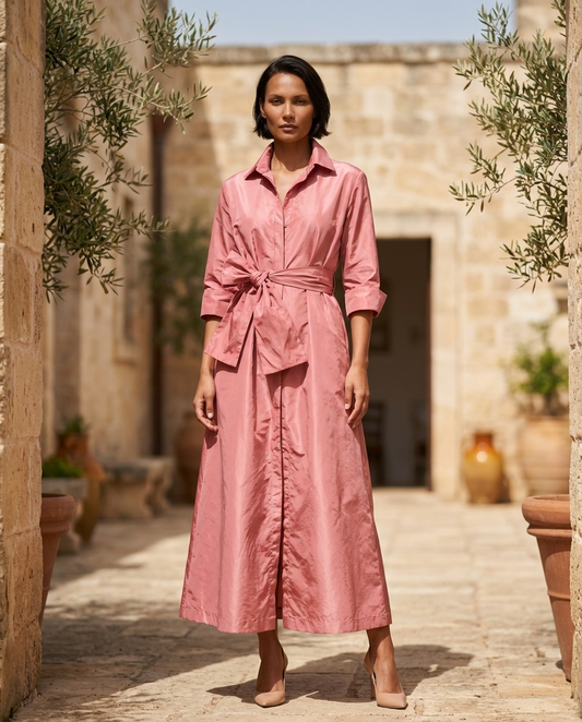 15. Abito Camicia in Taffetà con tasche e cintura annodata rosa