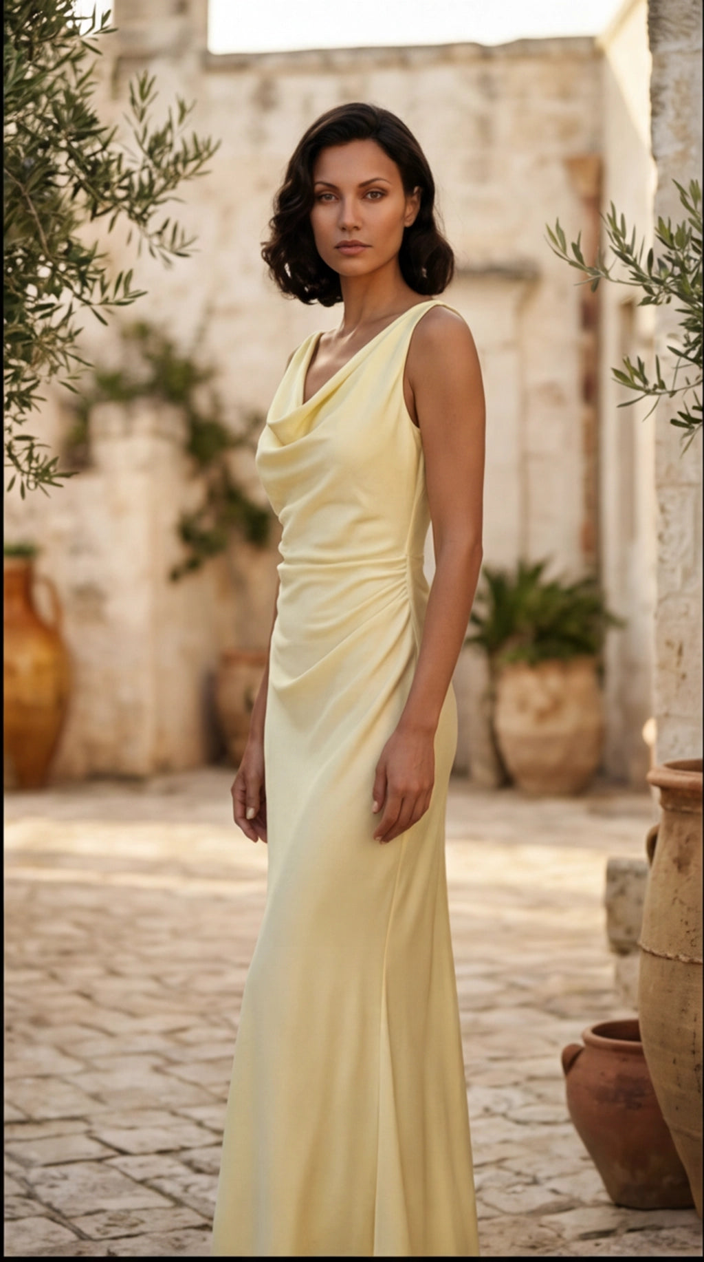 09. Abito tubino da cocktail elegante leggermente a sirena con scollo morbido giallo banana