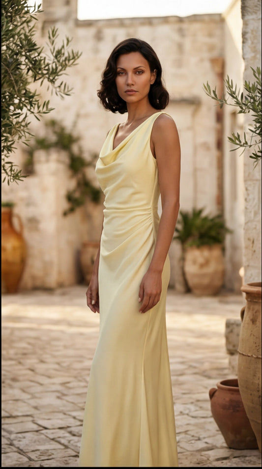 09. Abito tubino da cocktail elegante leggermente a sirena con scollo morbido giallo banana