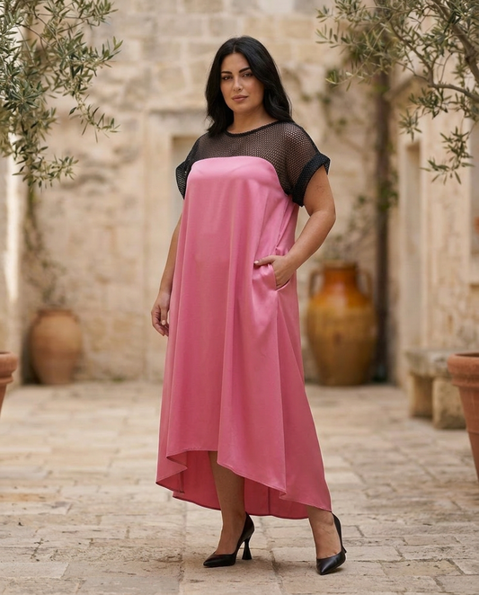 37. Abito midi con tasche laterali nascoste in satin rosa blush e nero - PLUS SIZE