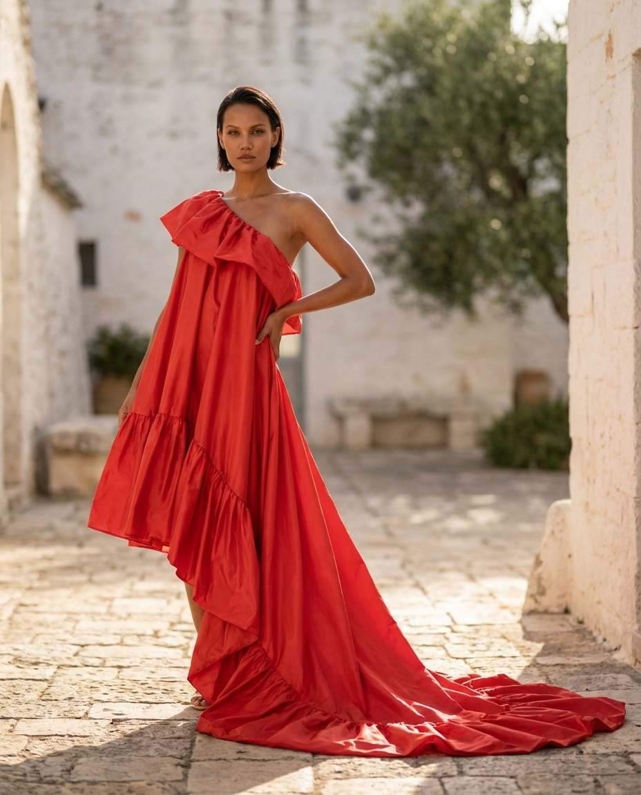 12. Abito Red Carpet Lungo monospalla con maxi rouche rosso corallo