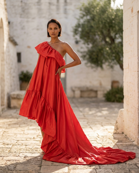 12. Abito Red Carpet Lungo monospalla con maxi rouche rosso corallo