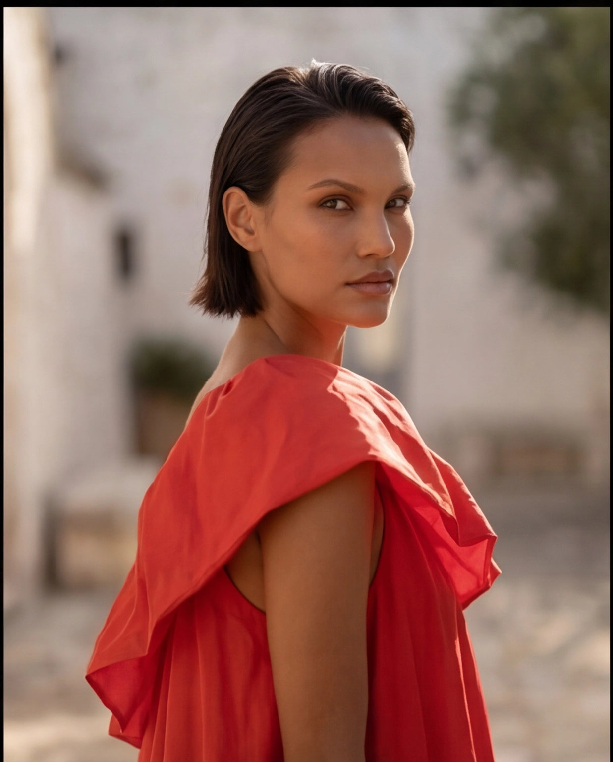 12. Abito Red Carpet Lungo monospalla con maxi rouche rosso corallo