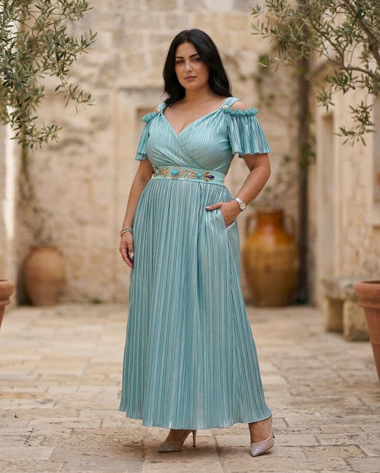 13. Abito lungo cerimonia elegante verde acqua in plissè metallizzato - PLUS SIZE