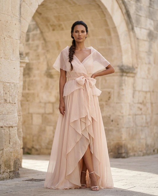 54. Abito lungo elegante in georgette champagne e rosa antico