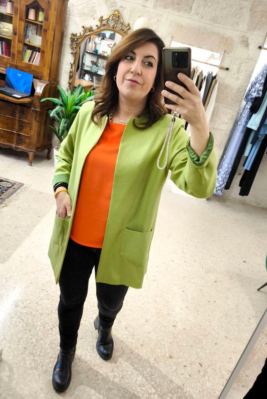 Giacca lunga girocollo monopetto in misto lana