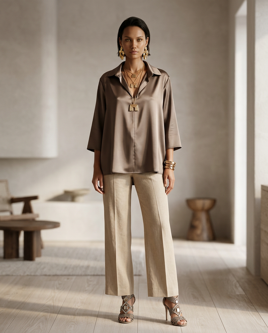 Camicia blusa con colletto e scollo a V in TESSUTO LUCIDO - colore a scelta