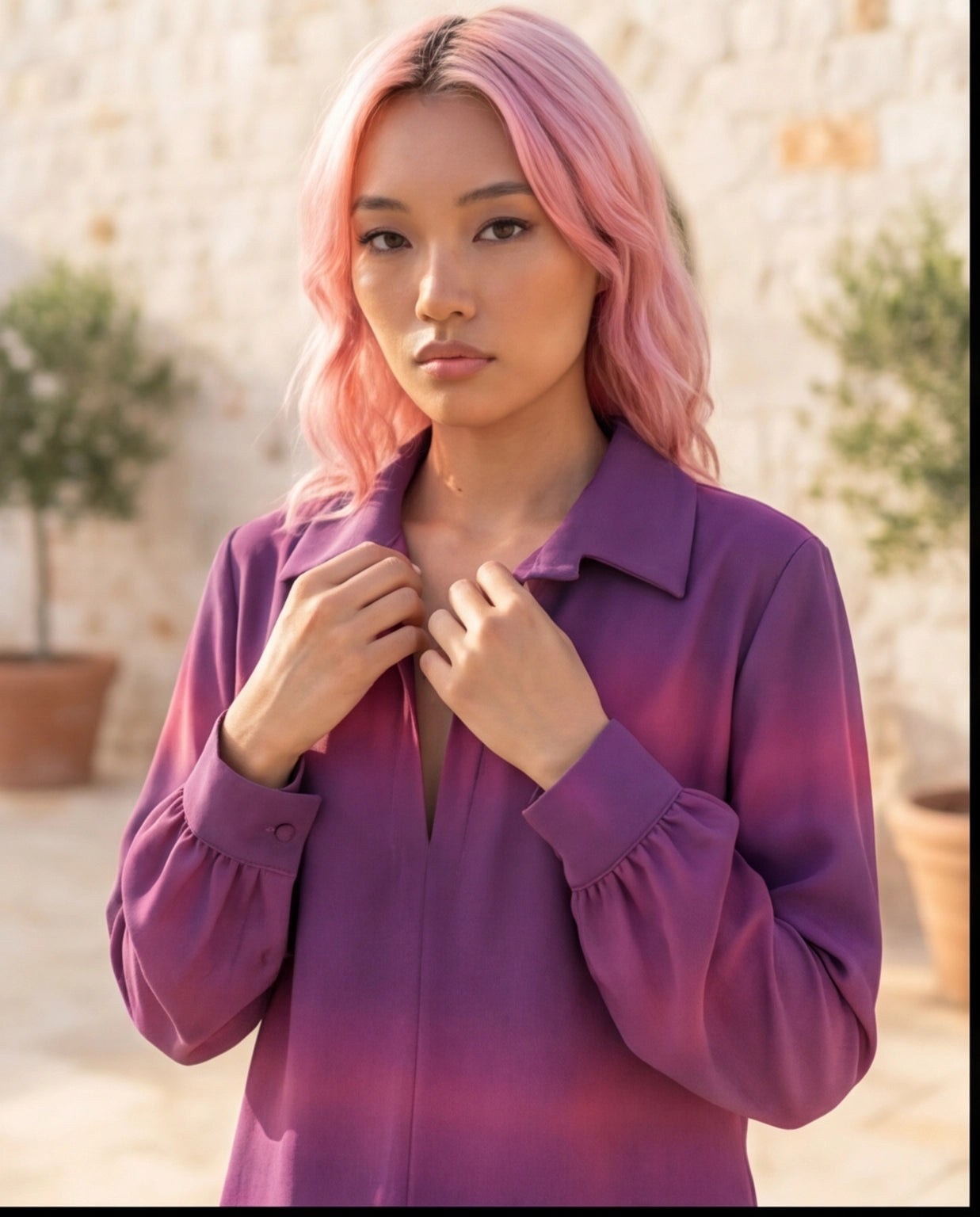 Camicia blusa in frescolana striped color bouganvillea