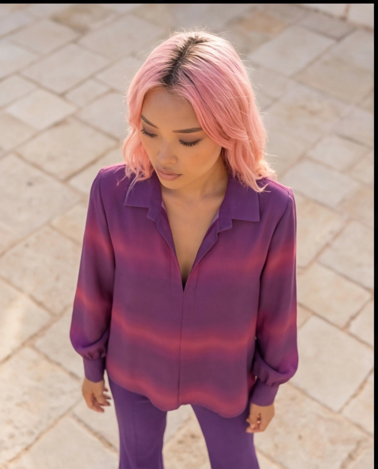 Camicia blusa in frescolana striped color bouganvillea