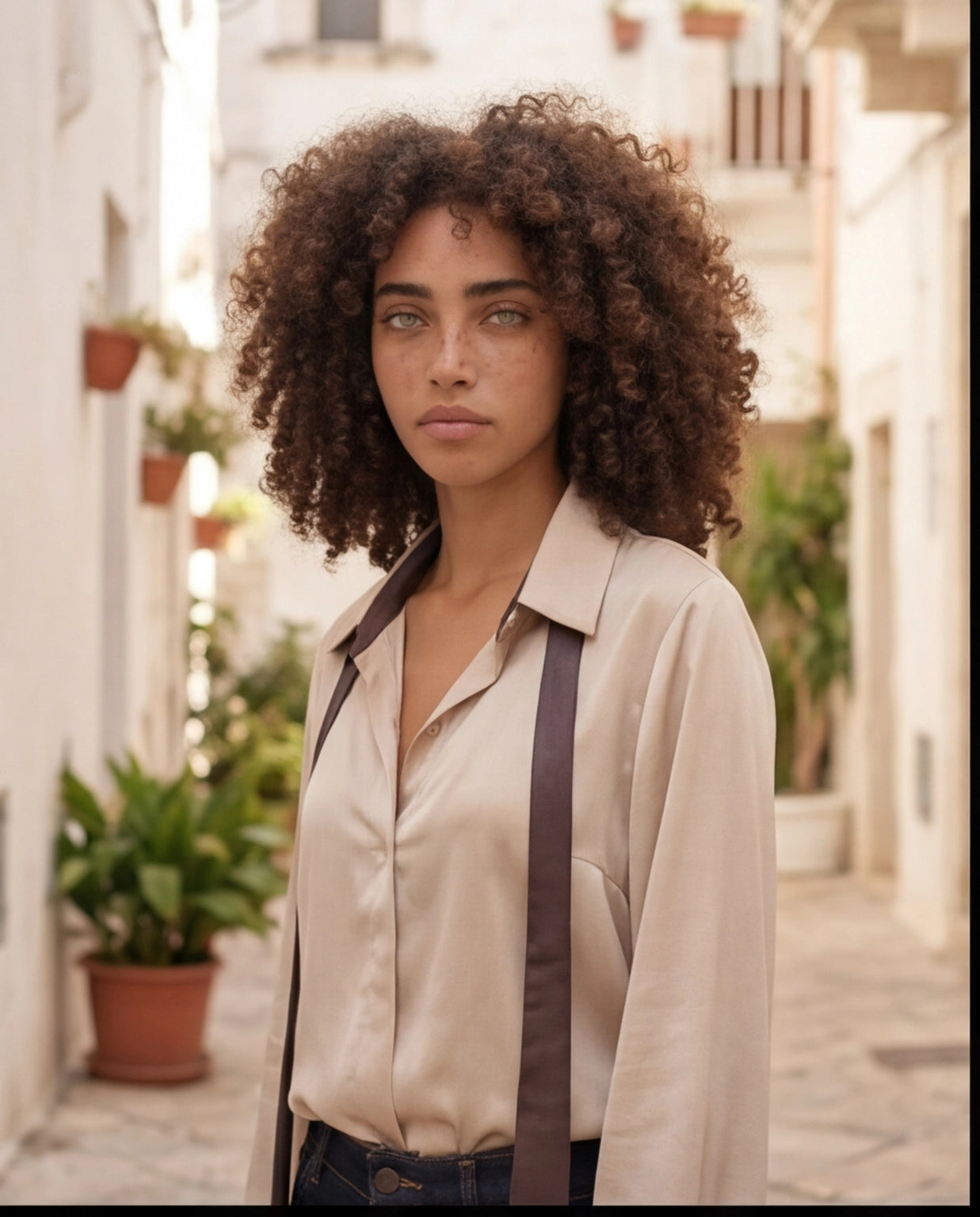 Camicia blusa elegante in seta ghiaccio con cravattino a contrasto