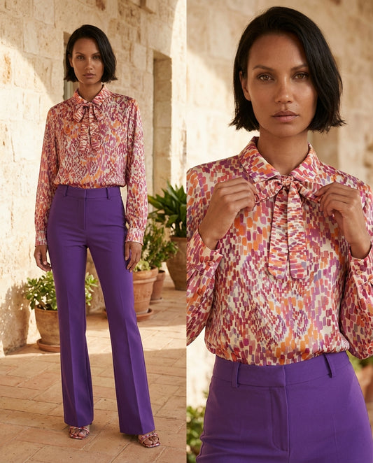 Camicia blusa in satin multicolore fantasia optical con cravattino