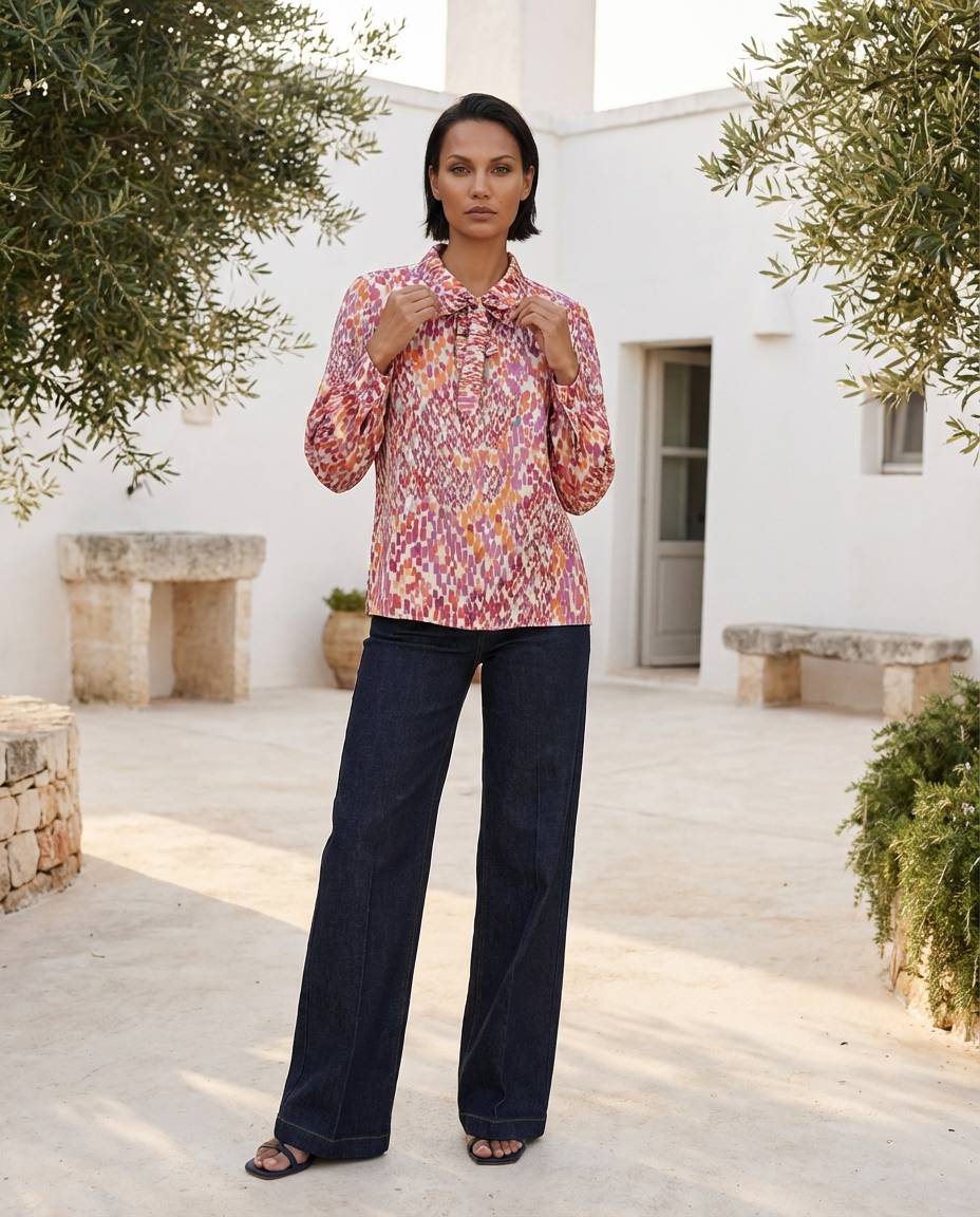 Camicia blusa in satin multicolore fantasia optical con cravattino