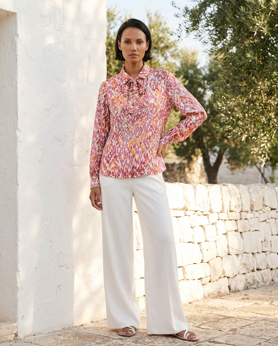 Camicia blusa in satin multicolore fantasia optical con cravattino