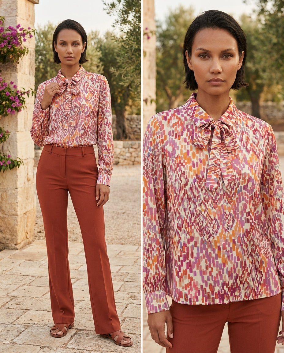 Camicia blusa in satin multicolore fantasia optical con cravattino