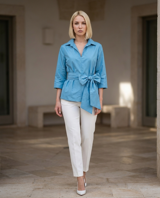Camicia in Taffetà con cintura annodata turchese