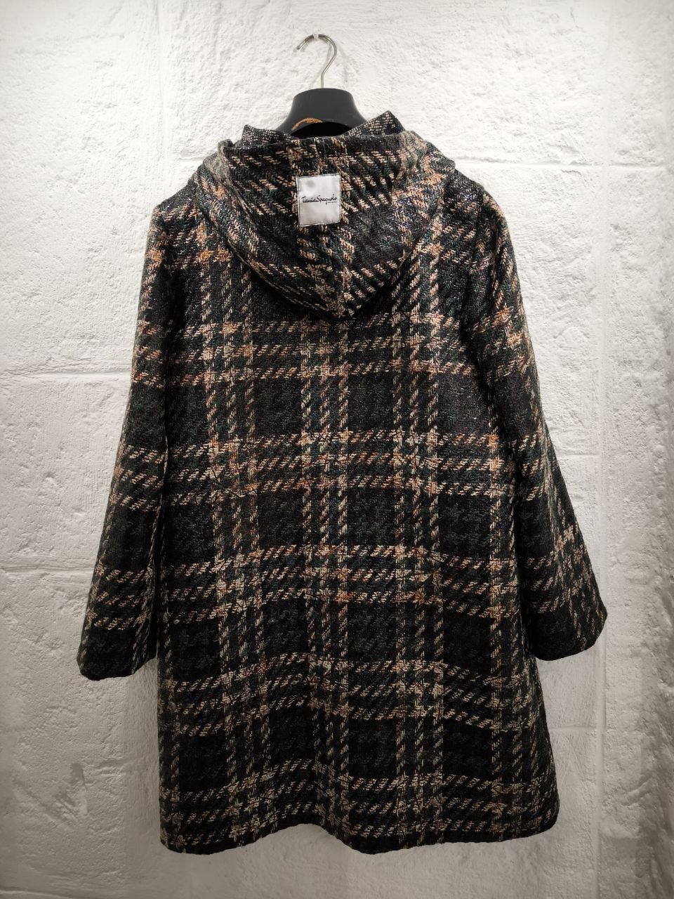 Cappotto corto sartoriale con cappuccio in tartan lana effetto semi lucido