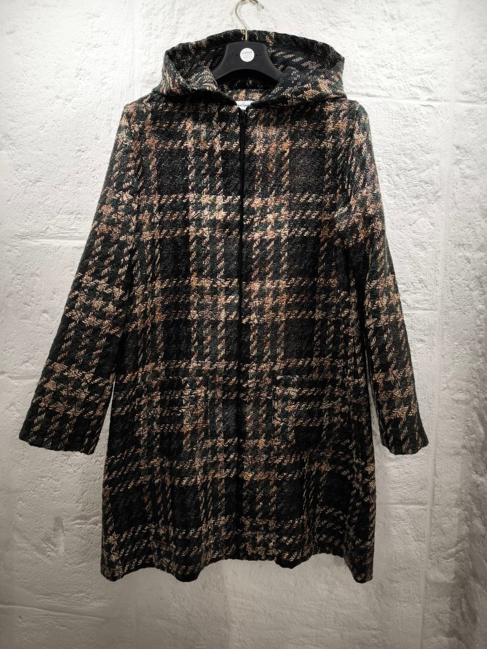 Cappotto corto sartoriale con cappuccio in tartan lana effetto semi lucido