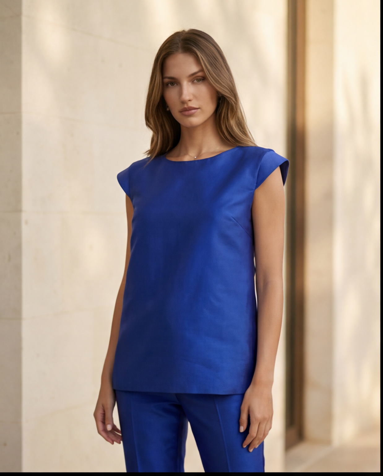 65. Set completo cerimonia top lungo e pantalone misto seta blu elettrico - PREORDINA