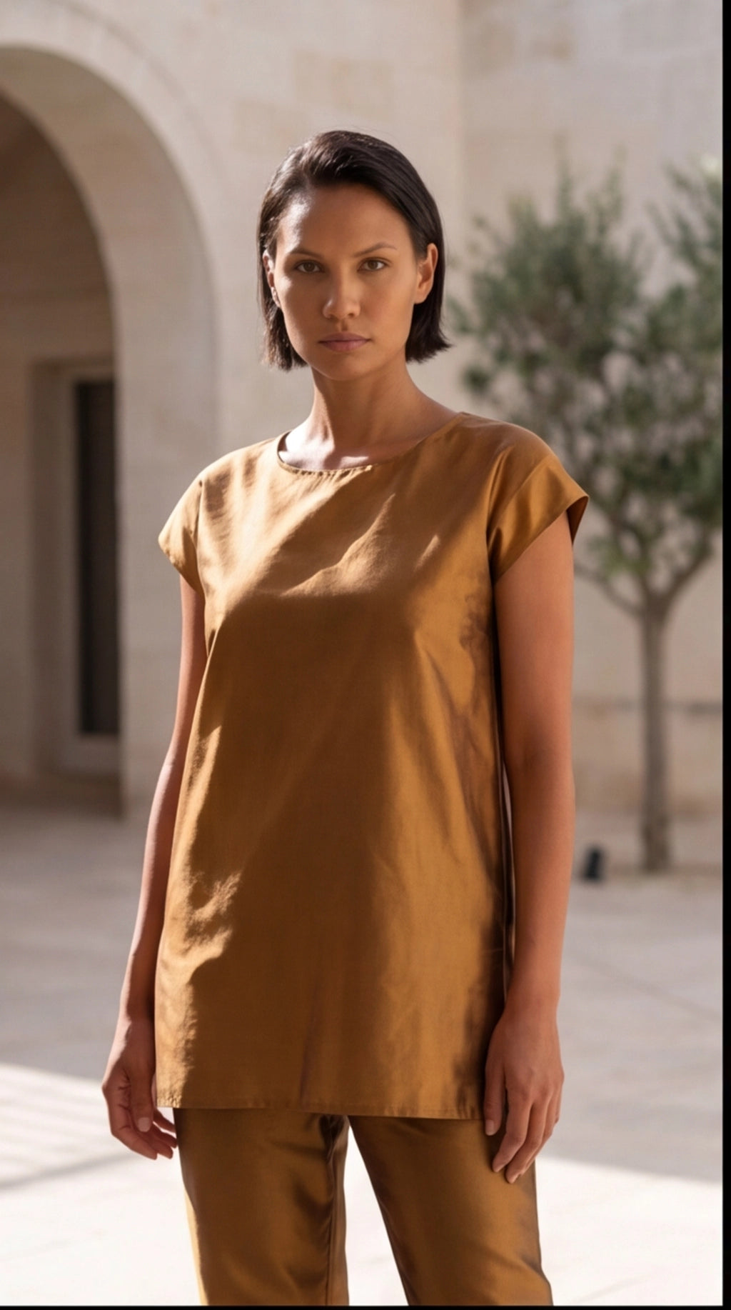 61. Set completo top lungo e pantalone 100% seta bronzo - PREORDINA