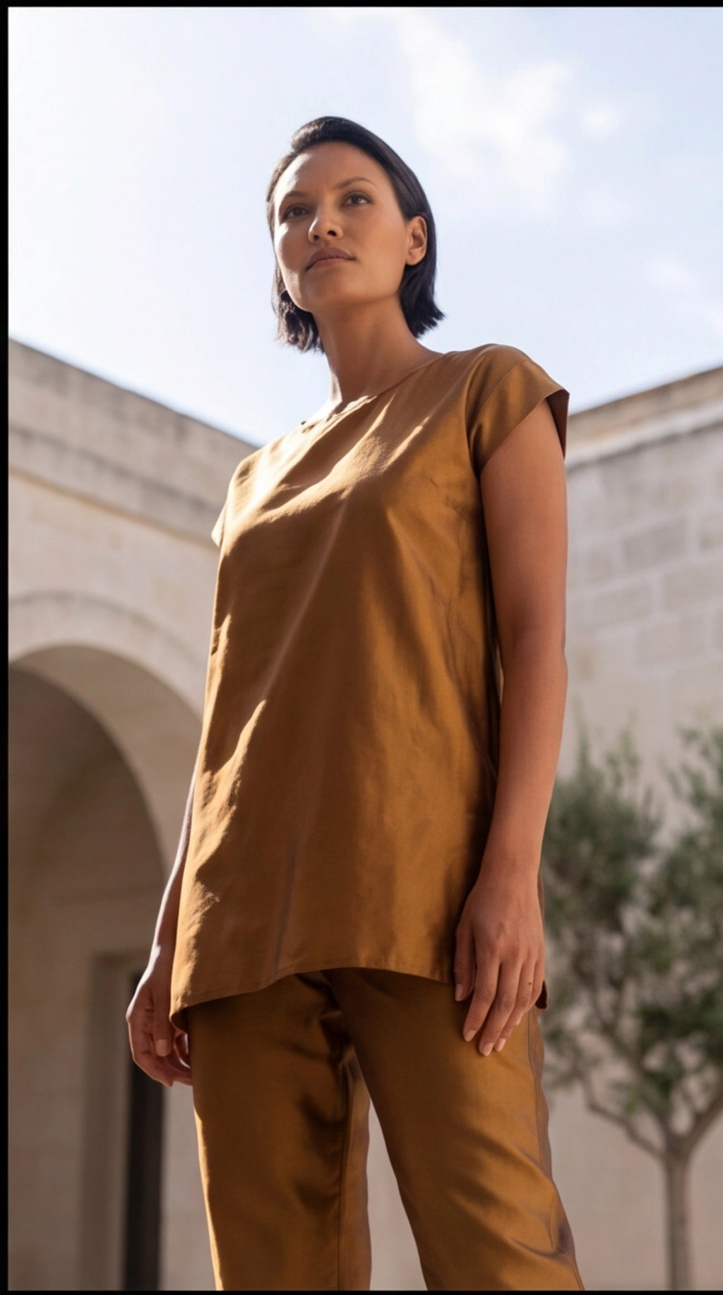 61. Set completo top lungo e pantalone 100% seta bronzo - PREORDINA