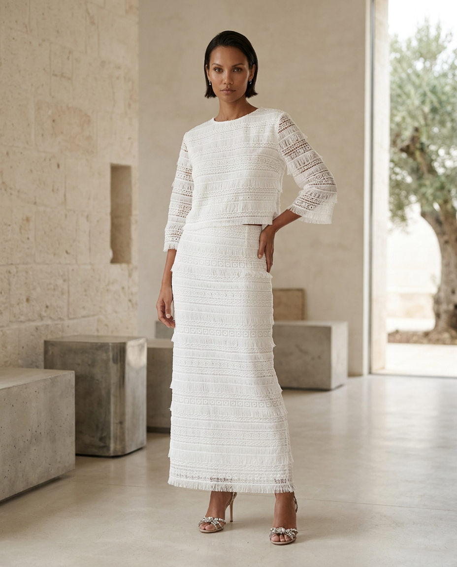 Gonna midi in pizzo macramè e frange con spacco