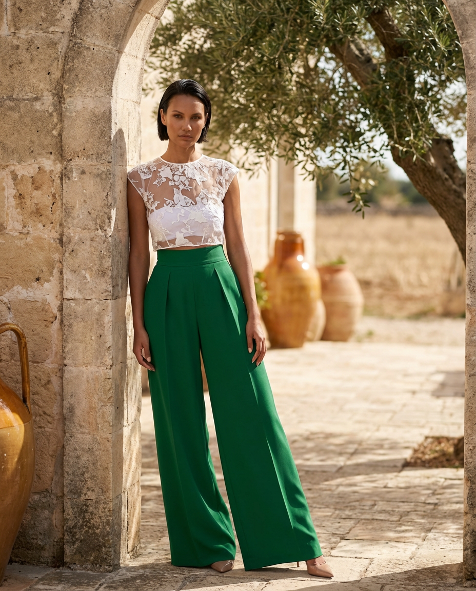 58. Set completo pantalone palazzo con pinces e crop top in pizzo