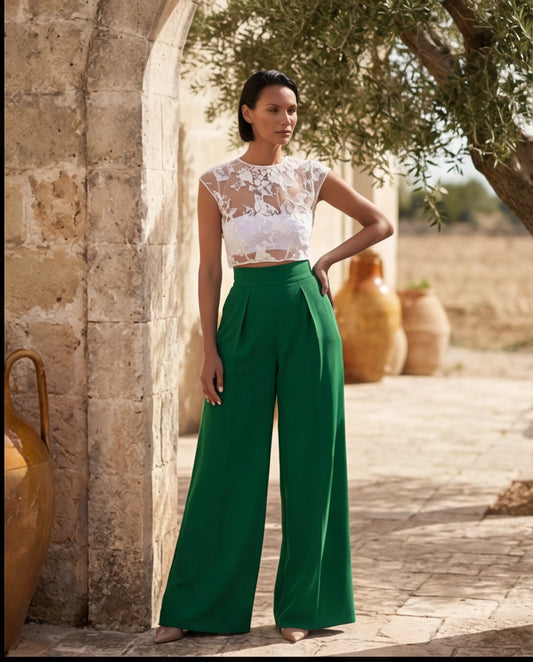 58. Set completo pantalone palazzo con pinces e crop top in pizzo