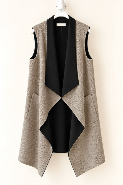 Very warm reversible long sleeveless coat in black-bluish gray-tartan wool