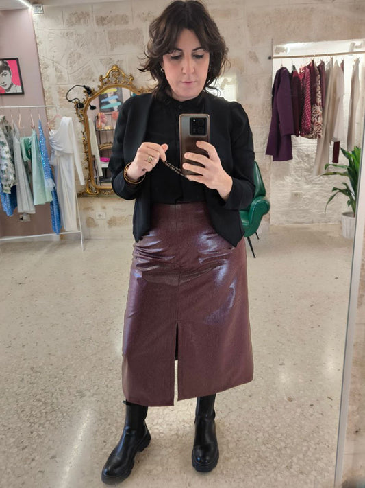Gonna midi con spacco in ecopelle pitonato bordeaux - PREORDINA