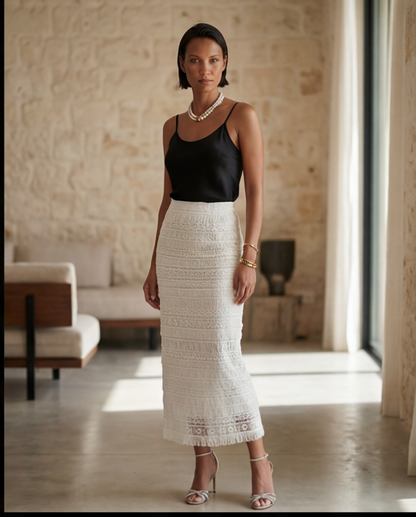 34. Macramé lace midi skirt with fringe and slit
