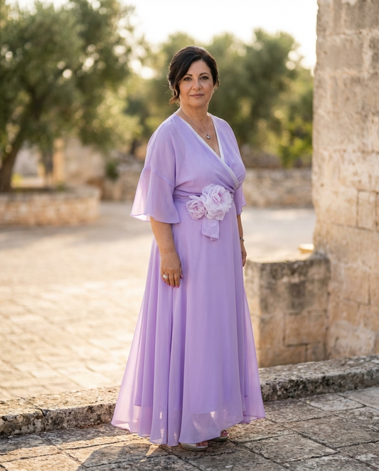 10. Abito lungo cerimonia in georgette elegante lilla glicine - PLUS SIZE