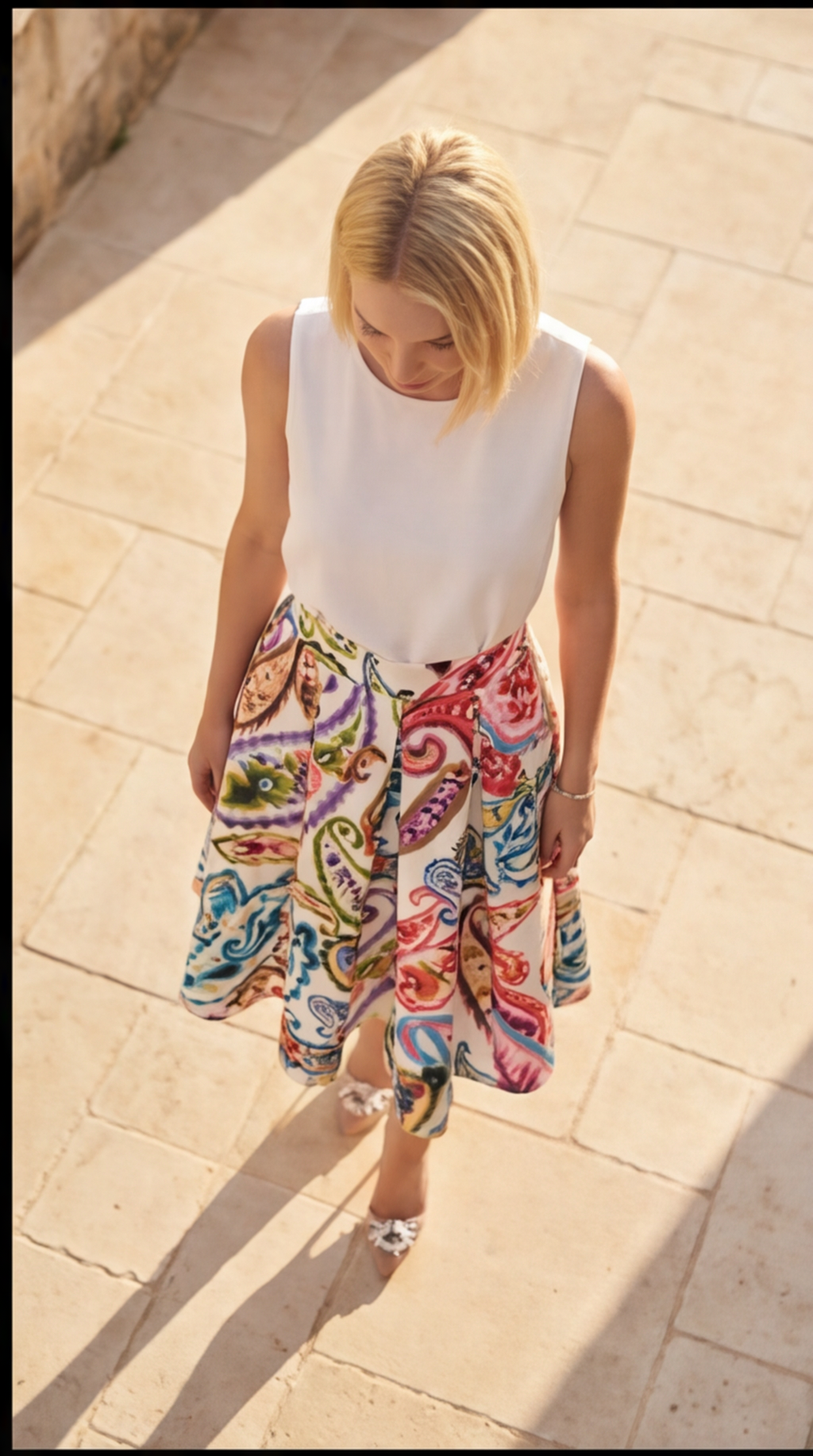Gonna ampia fantasia paisley multicolore in misto seta lurex