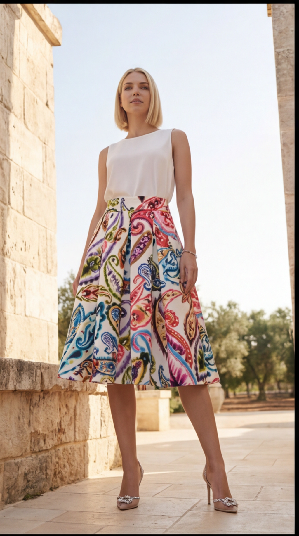 Gonna ampia fantasia paisley multicolore in misto seta lurex